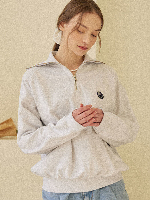 Rose Wappen Rib Block Half Zip-up Sweatshirt - Light Grey