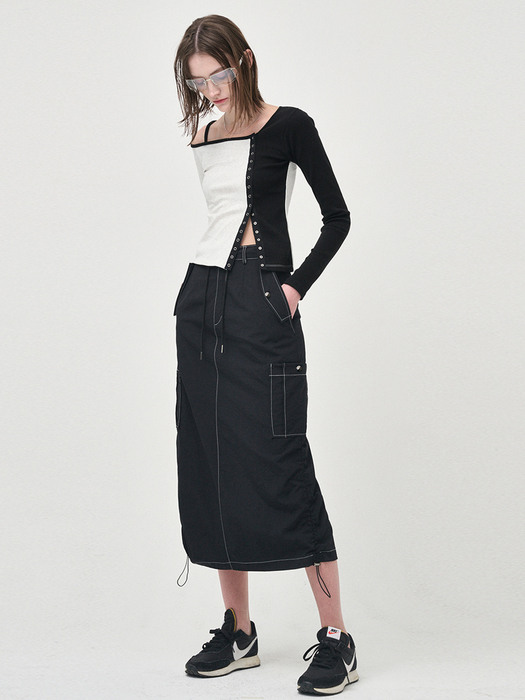 String Long Cargo Skirt, Black