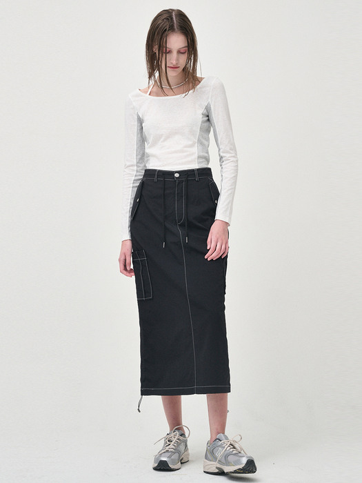 String Long Cargo Skirt, Black