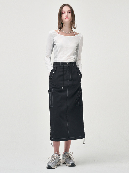 String Long Cargo Skirt, Black