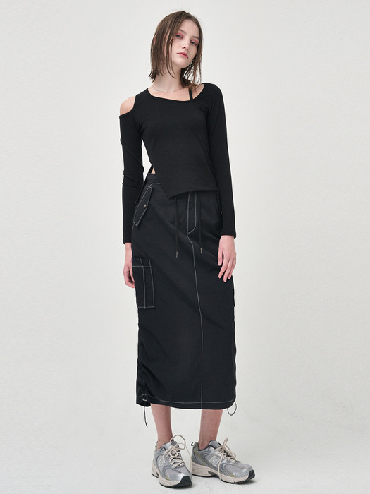 String Long Cargo Skirt, Black