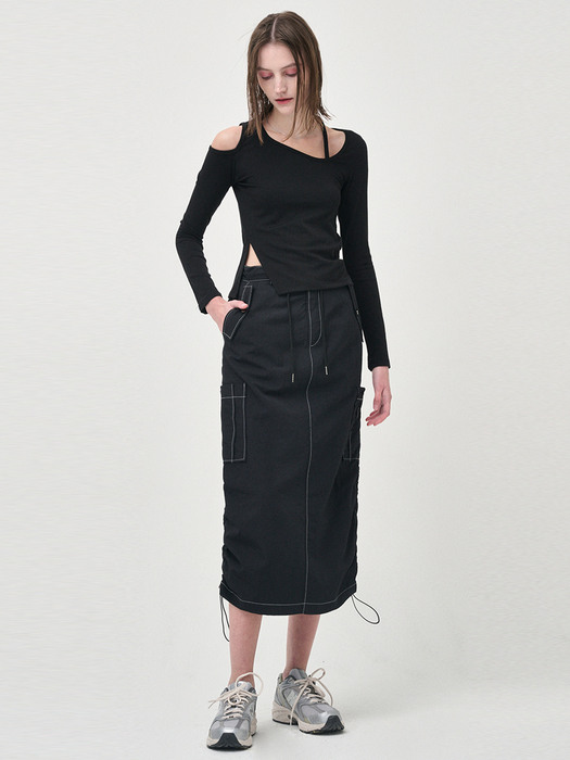 String Long Cargo Skirt, Black