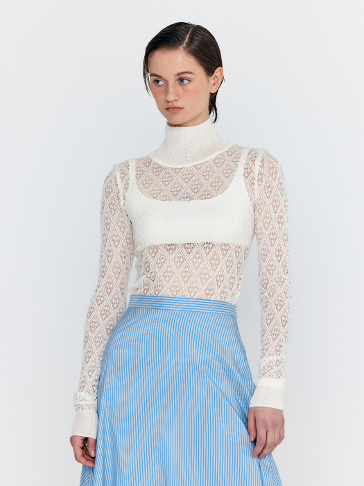 WIOM Diamond-Lace Turtleneck Knit Pullover - Ivory