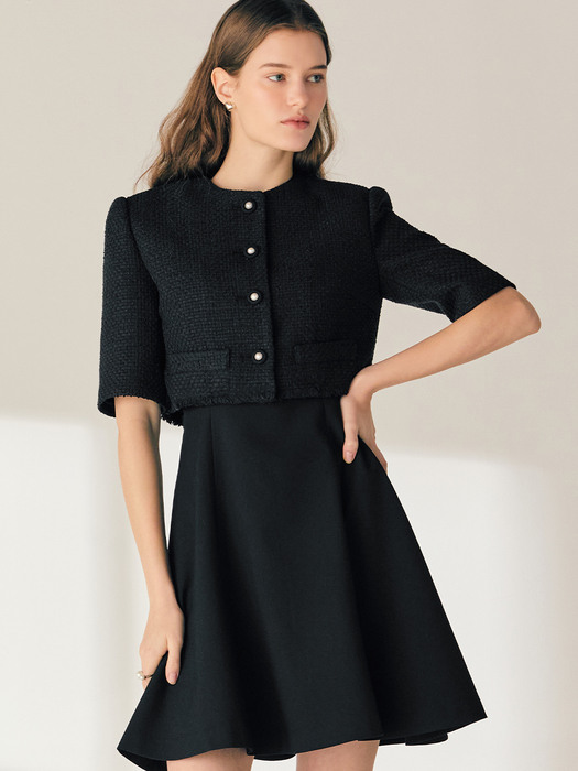 [SET]ELSIE Half sleeve tweed bolero jacket + GLADYS Sleeveless flared mini dress (Black)