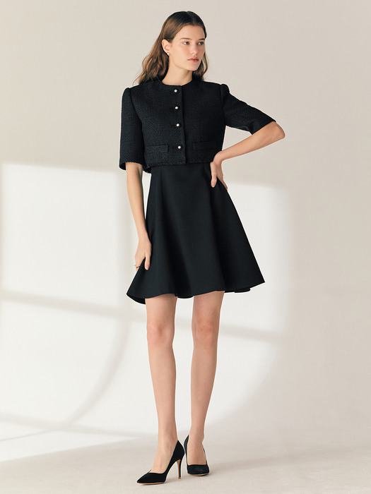 [SET]ELSIE Half sleeve tweed bolero jacket + GLADYS Sleeveless flared mini dress (Black)