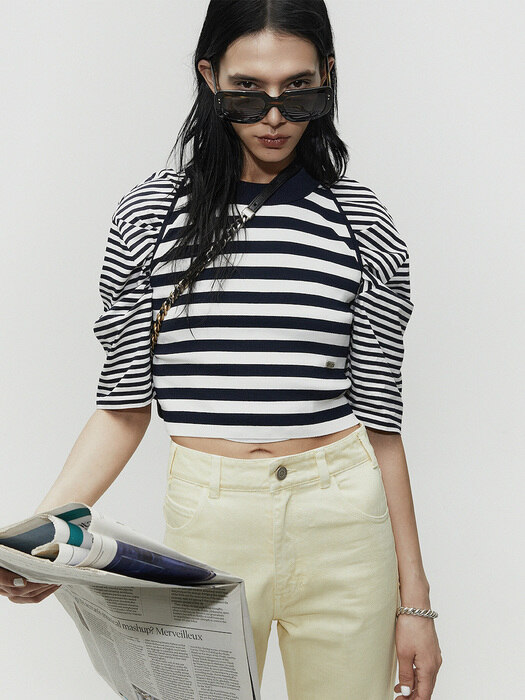 BORDER STRIPE HALF SLEEVE T-SHIRT_NAVY