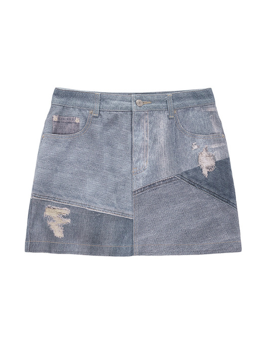 DENIM BLOCK PRINTED SKIRT IN SKY