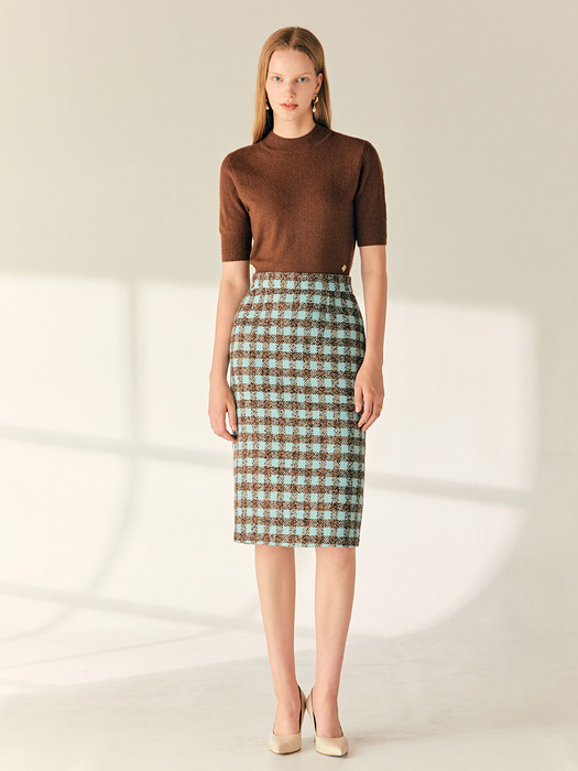 JESSIE H-line check tweed midi skirt (Gray&Ivory/Mint&Brown)