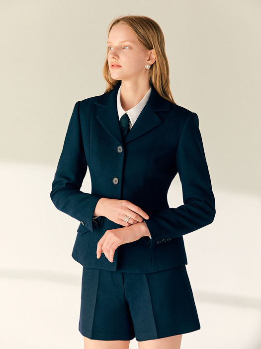 [SET]JAMILLA Tailored collar wool jacket + BESSIE Wool suit shorts (Deep navy)