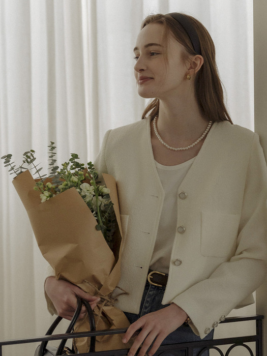 Collarless ourora tweed jacket_Cream