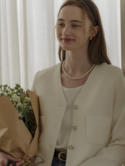 Collarless ourora tweed jacket_Cream