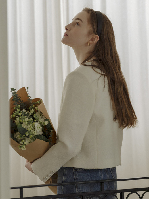 Collarless ourora tweed jacket_Cream