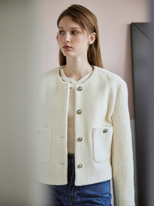 Round-neck wool tweed jacket (2color)