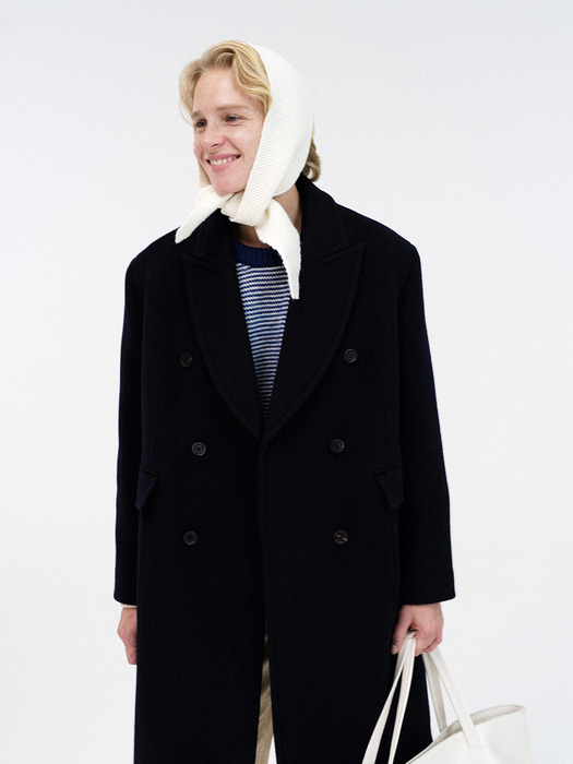 Herringbone peaked lapel coat (Navy)