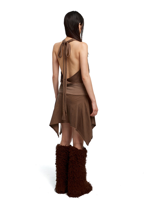 Washed cotton halter top dress (brown)
