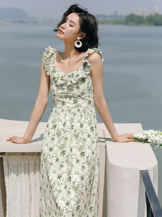 LS_Green ruffle floral long dress
