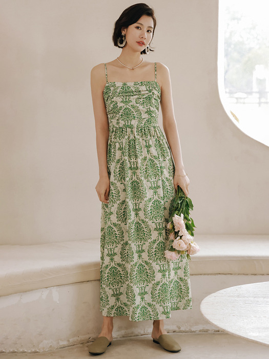 LS_Green print bandeau slip dress