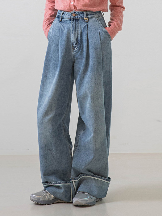 Roll-up Wide Cotton Pants (Light blue)
