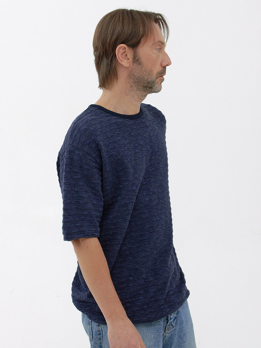 [Men] Slub Stripe Knit T-Shirt (Navy)