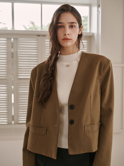 stitch nocollar short wool jacket-khaki brown