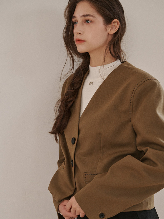 stitch nocollar short wool jacket-khaki brown