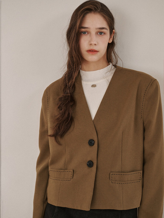 stitch nocollar short wool jacket-khaki brown