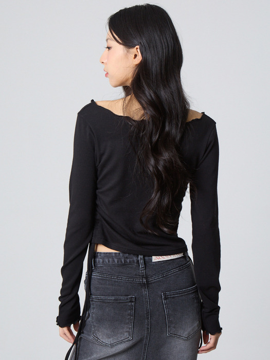 인터록 셔링 네크 탑 블랙_Interlock Shirring Neck Top Black