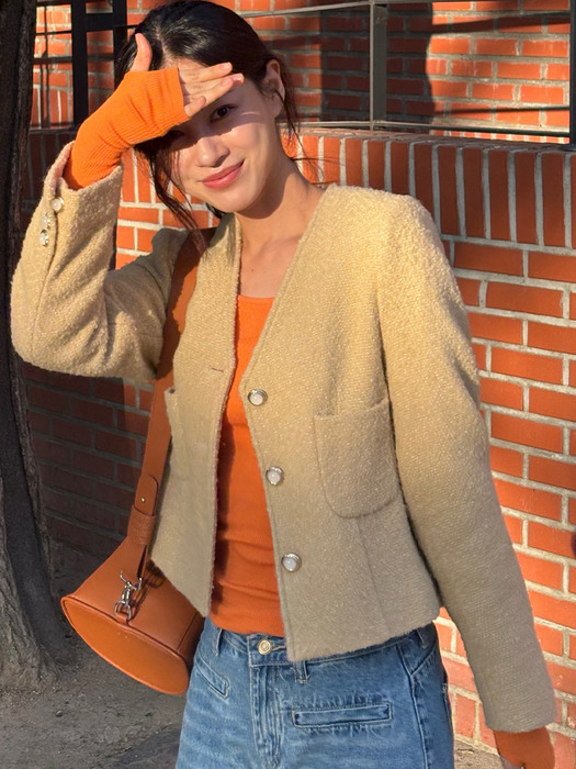 Collarless ourora tweed jacket_Beige