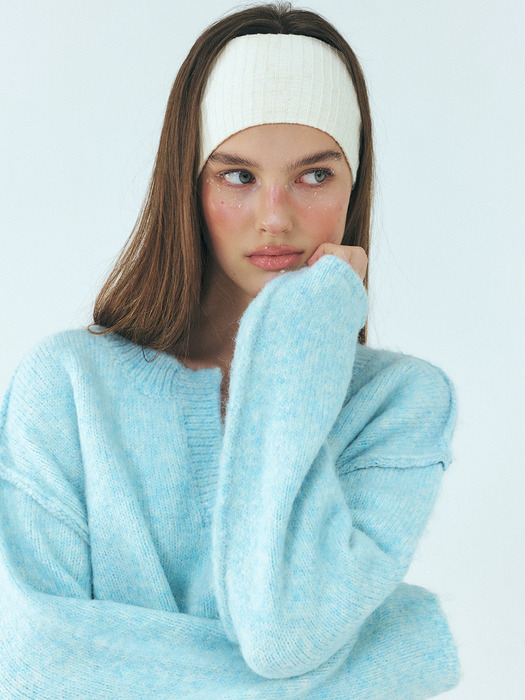 Neck-Slit Knit Pullover, Light Blue