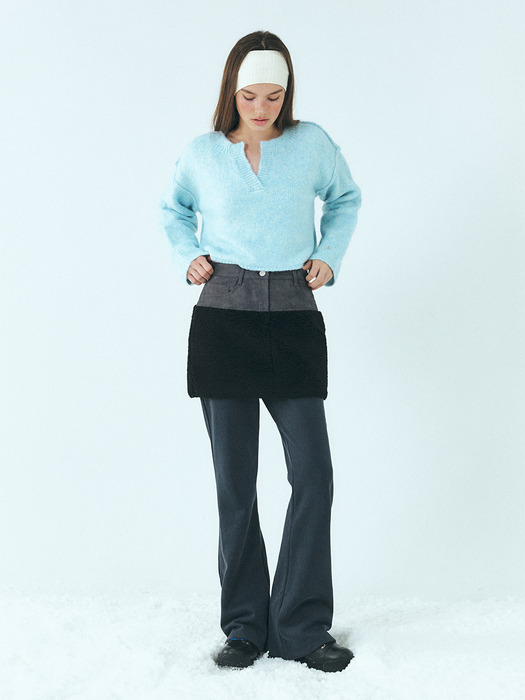 Neck-Slit Knit Pullover, Light Blue