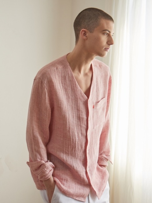 [filobisknot] V-neck Waffle linen shirts_L/PINK