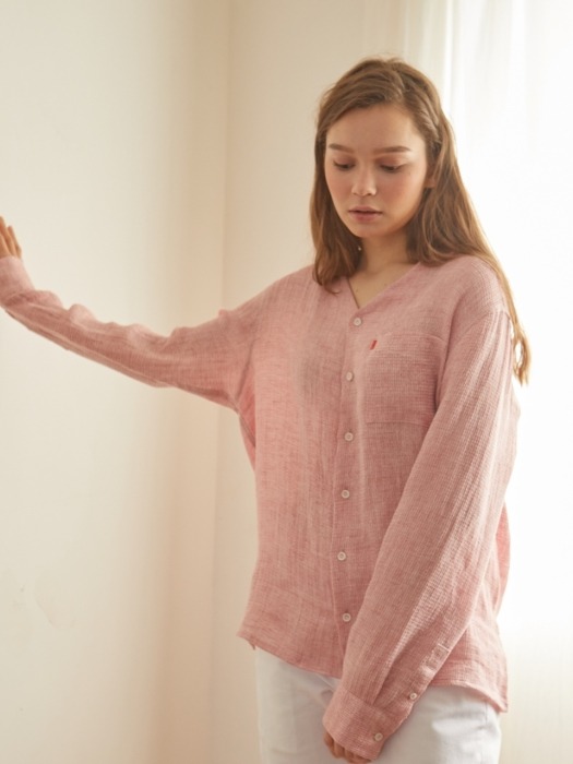 [filobisknot] V-neck Waffle linen shirts_L/PINK