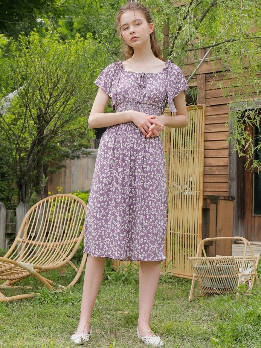 SHIRRING FLORAL ONE-PIECE_PURPLE