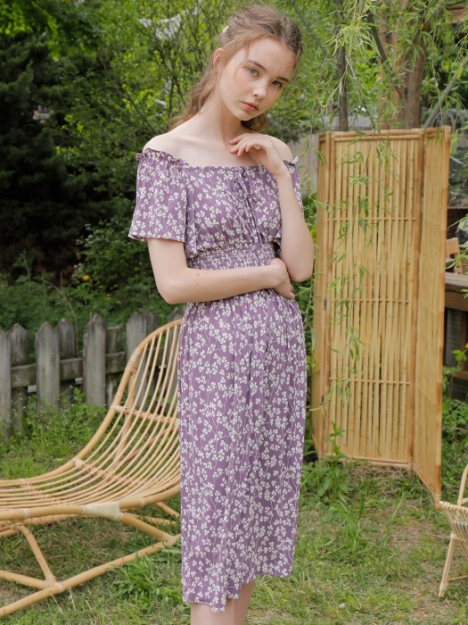 SHIRRING FLORAL ONE-PIECE_PURPLE