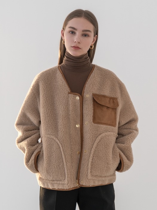 Reversible eco-shearing collarless jacket in camel