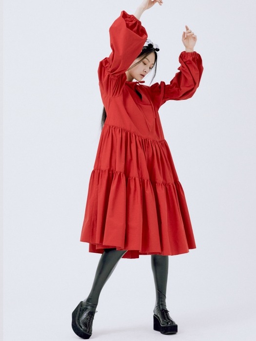 TWO VOLUME SLEEVE DRESS RED