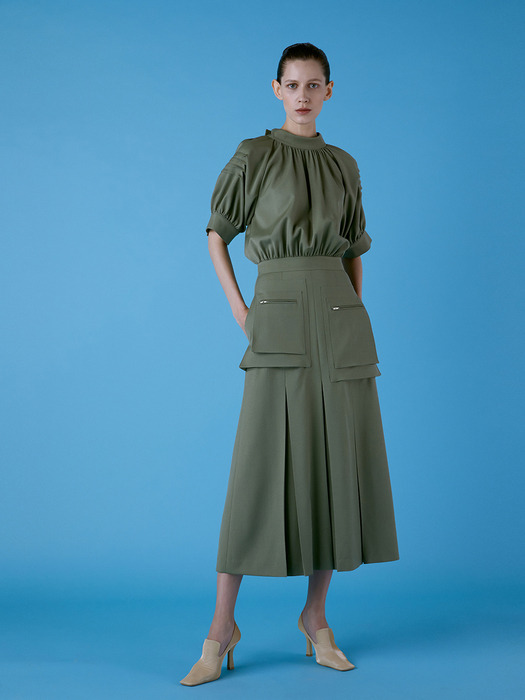 Puff Sleeve Cargo Dress(CHIVE GREEN)