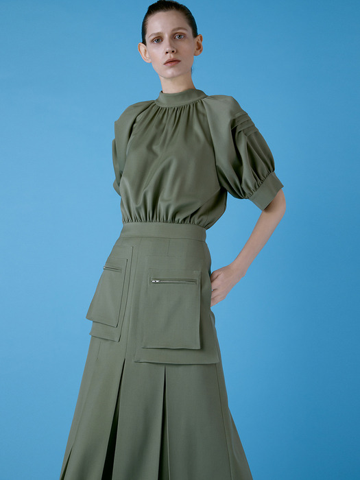 Puff Sleeve Cargo Dress(CHIVE GREEN)
