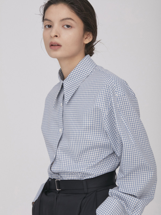 Wide Collar Slim-fit Shirt_Sky(Check)