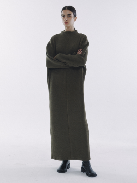 Half-Neck Knitted Jersey Dress Olive