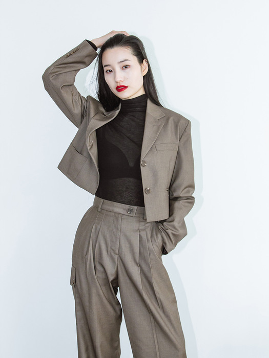 Unbalance pocket short jacket (khaki brown)