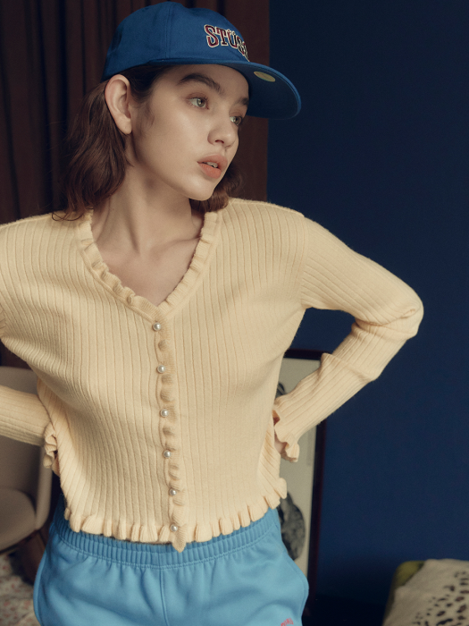 Frill V Neck Knit Cardigan in Yellow_VK0WD2700