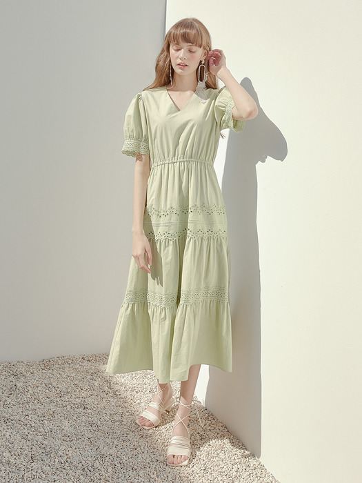 Cotton Punching Lace Dress, Light Green