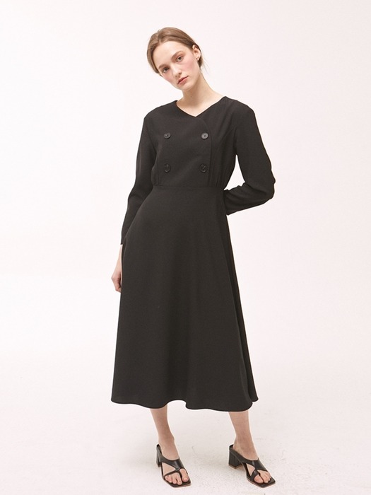 Shirring Double Button Flare Dress - Black
