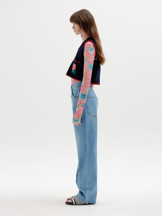 SITA Floral-Jacquard Short Knit Vest - Navy