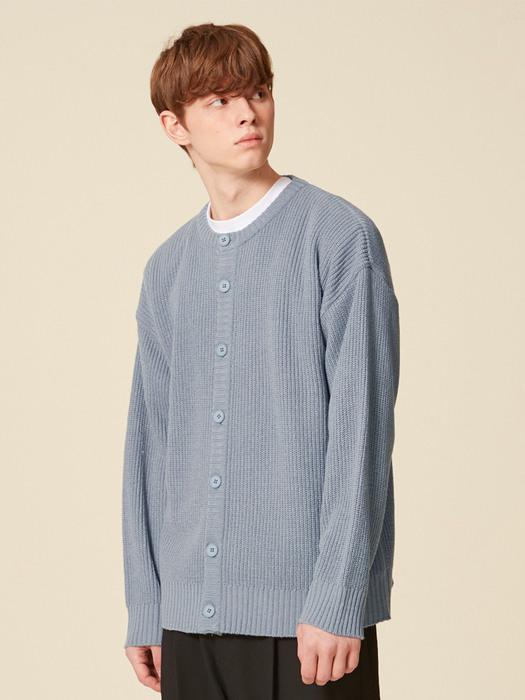 BASIC ROUND NECK KNIT CARDIGAN_BLUE GRAY