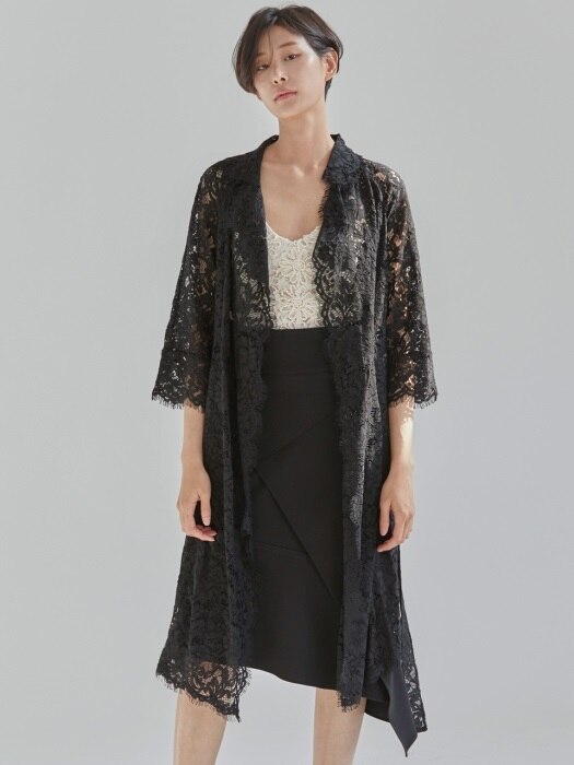 Lace Trench Long Jacket - Black