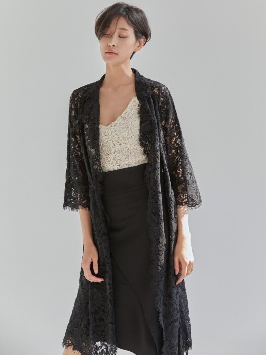 Lace Trench Long Jacket - Black