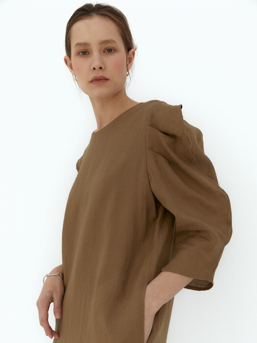 Linen wave slit dress (L/brown)