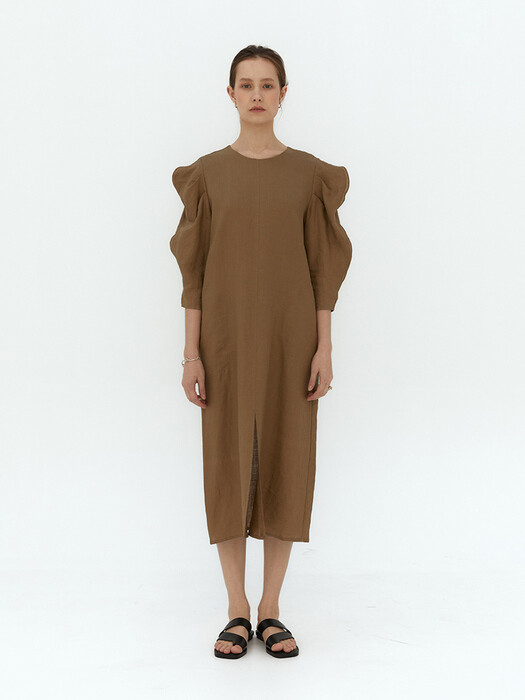 Linen wave slit dress (L/brown)